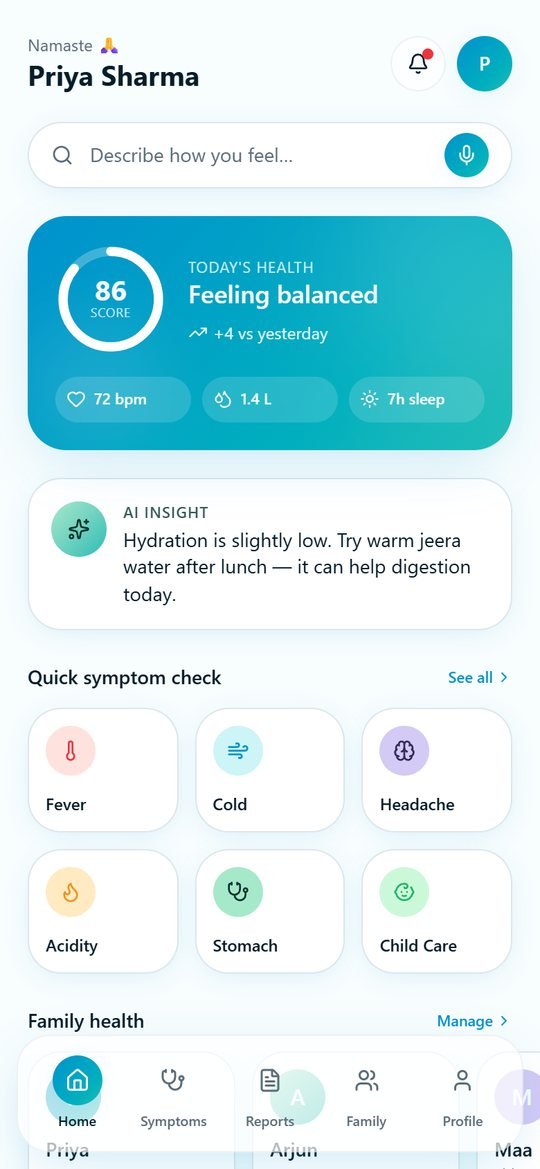 Home dashboard with a daily wellness score, AI insight, and quick symptom checks