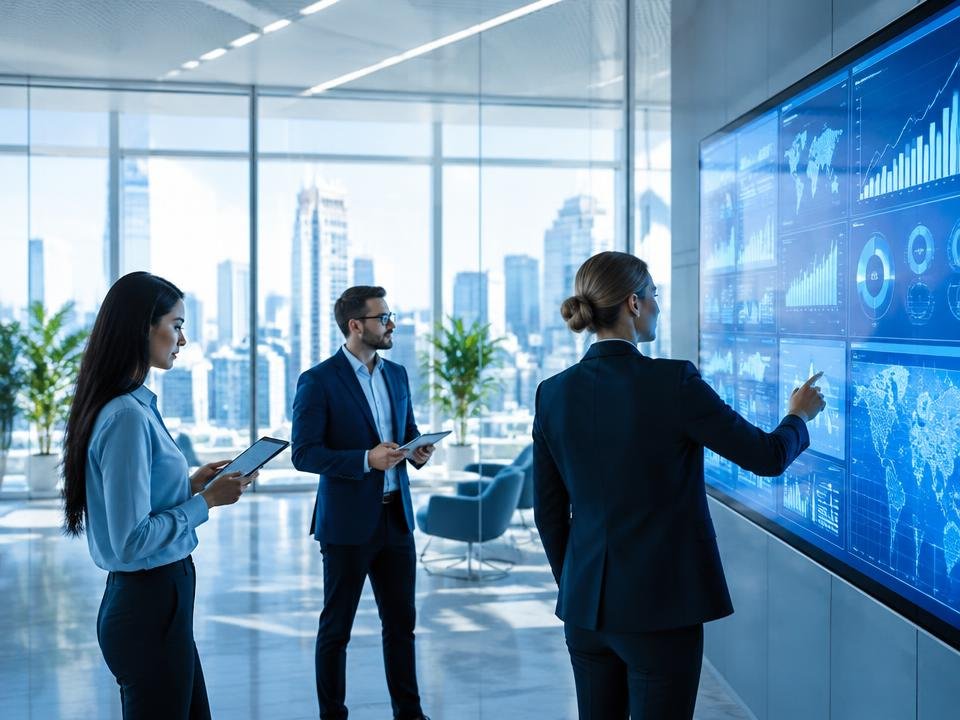 Professionals in a modern glass office reviewing digital dashboards on tablets and a large wall display