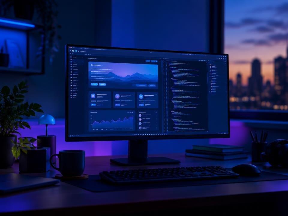Developer workspace with a web application interface and code editor on a large monitor