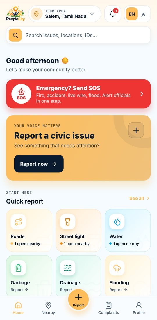 App home screen with SOS, report, and quick-report categories