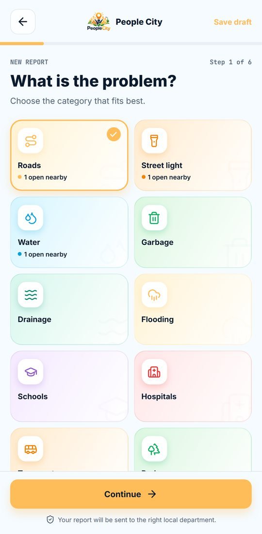 Step 1 of the report flow: choosing the problem category