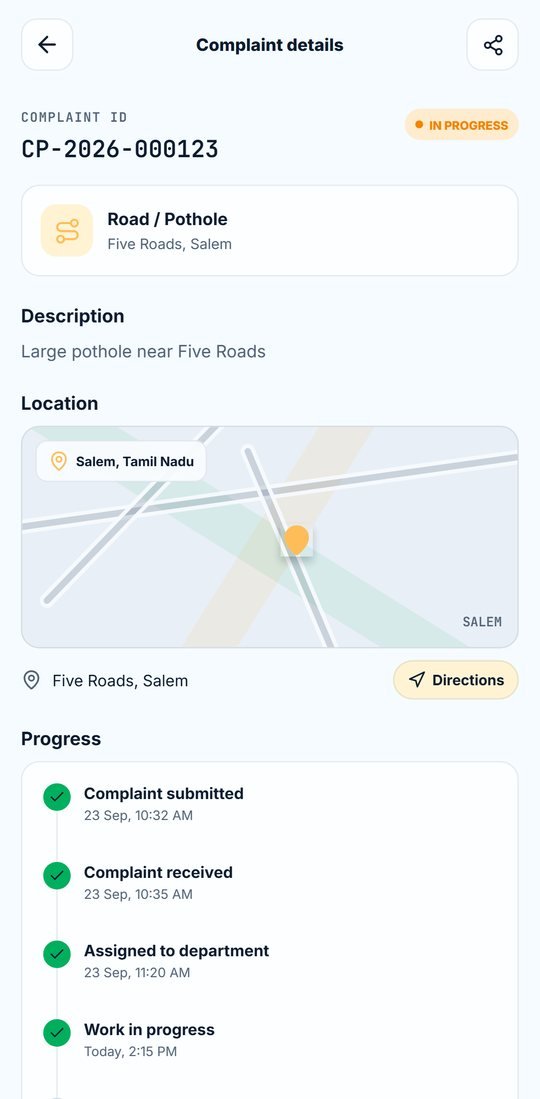 Complaint details with map location and progress timeline